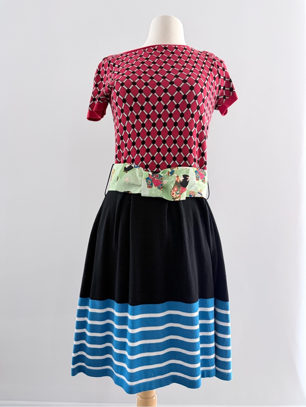 Love Moschino Pink, Black and Blue Midi Cotton Knit Dress with Print Waist Bow